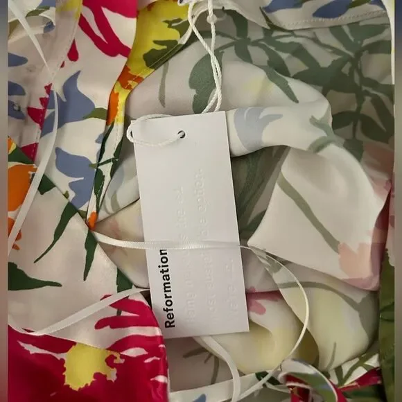 REFORMATION NWT Jennis Floral Silk Halter Mini Dress Low Back String Tie Large - Picture 9 of 10